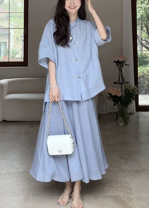 VCSHOES Loose Blue Button Solid Cotton Two Pieces Set Half Sleeve