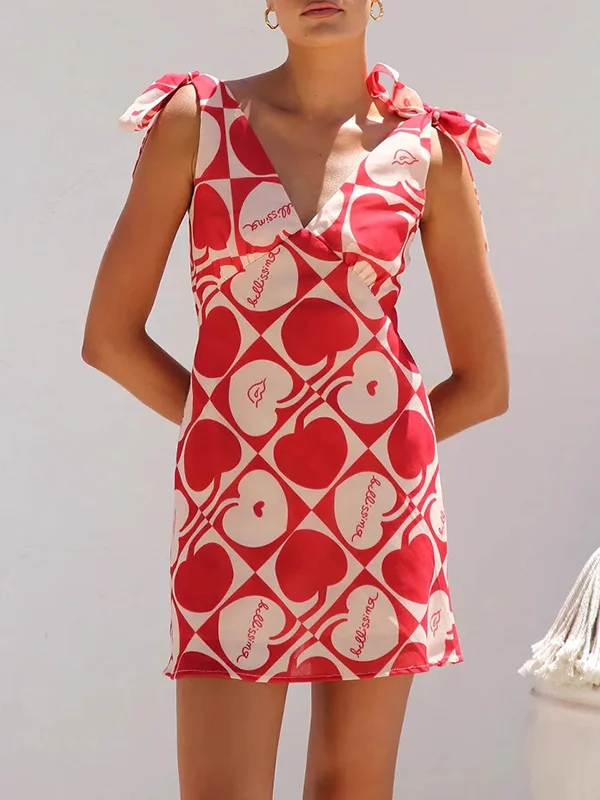 Flower Printed Sleeveless V-Neck Vacation Mini Dresses