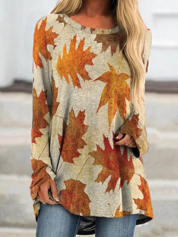 Leaves Pattern Crew Neck Casual Cotton Blends T-Shirt