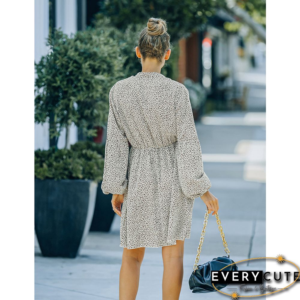 White V Neck Lace-up Chiffon Long Sleeve Mini Dress