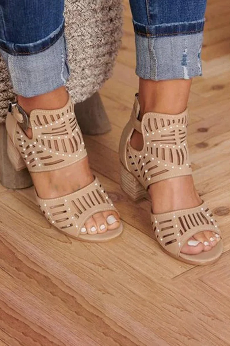 Daily Hollow Out Hot Drilling Chunky Heel Pumps Sandals