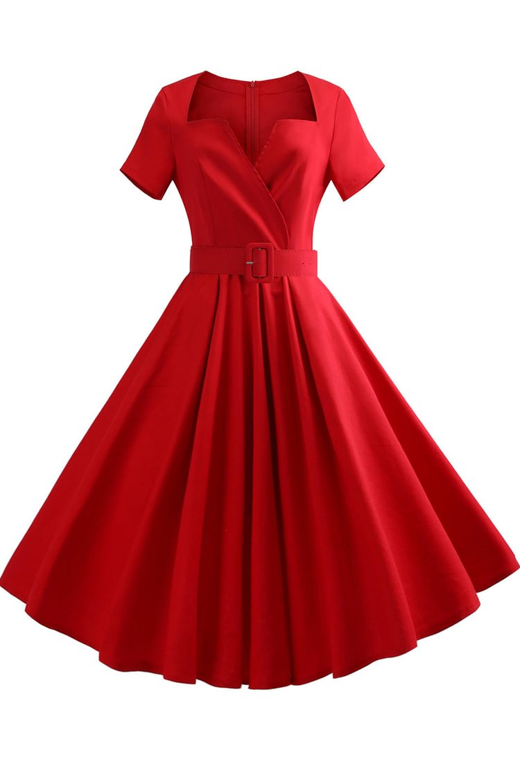 Red V-neck A-line Retro Dress - Life is Beautiful for You - SheChoic