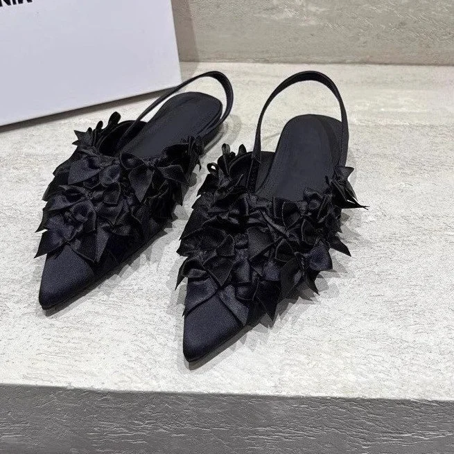 Yyvonne New Flat-Bottomed Sandals Women's French Temperament Bows Cool Slippers Low Heel Pointy Cloth Single Shoes