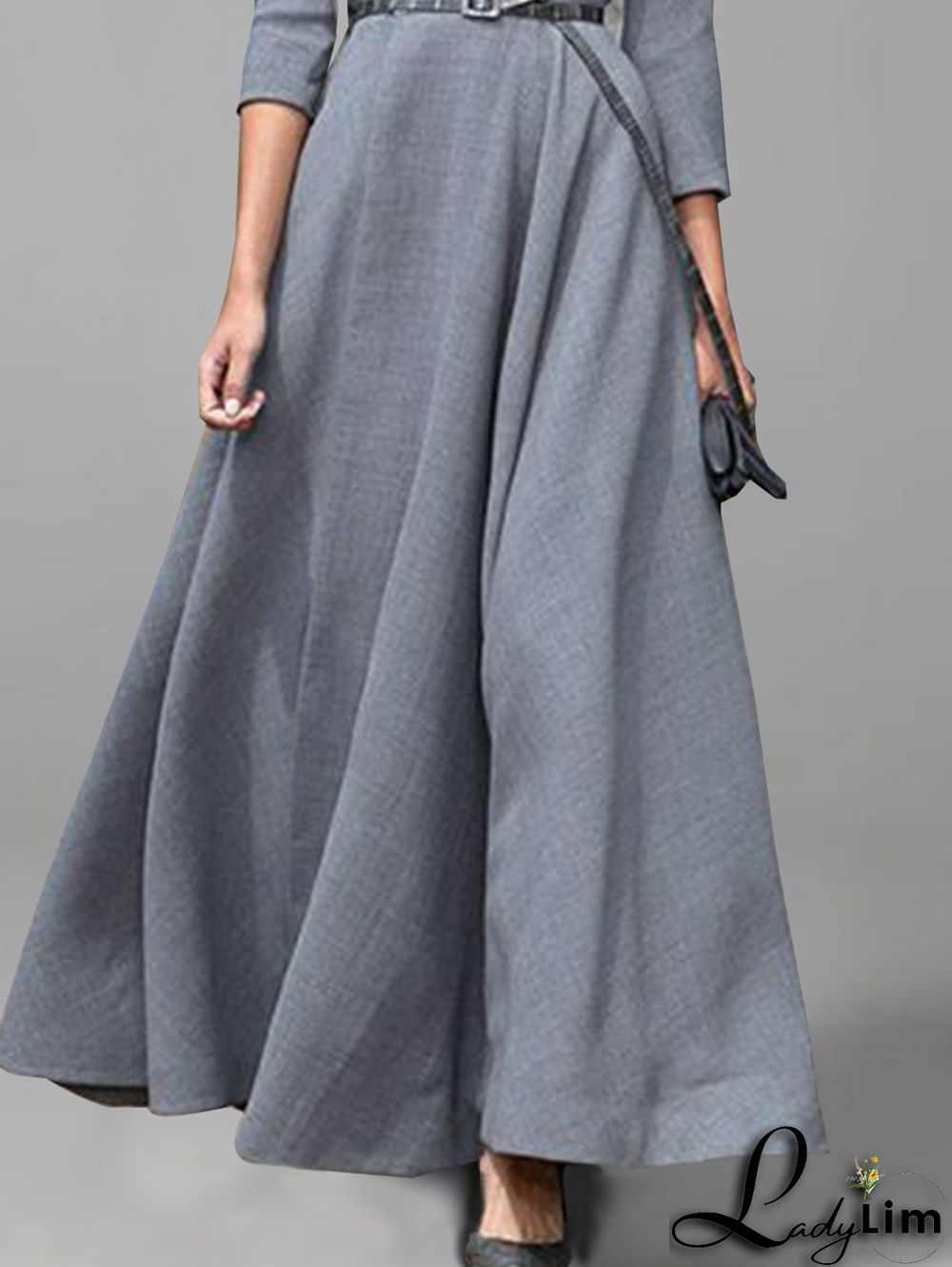 Casual Oblique Collar Solid Half Sleeve Belt Midi Dress