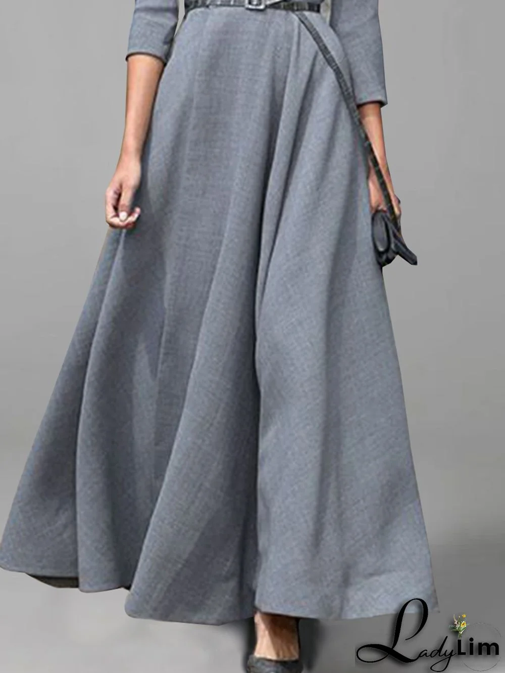 Casual Oblique Collar Solid Half Sleeve Belt Midi Dress