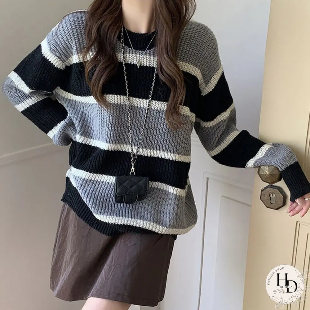 Retro elegant stripe knit sweater women causal loose long sleeves female pullovers Korean