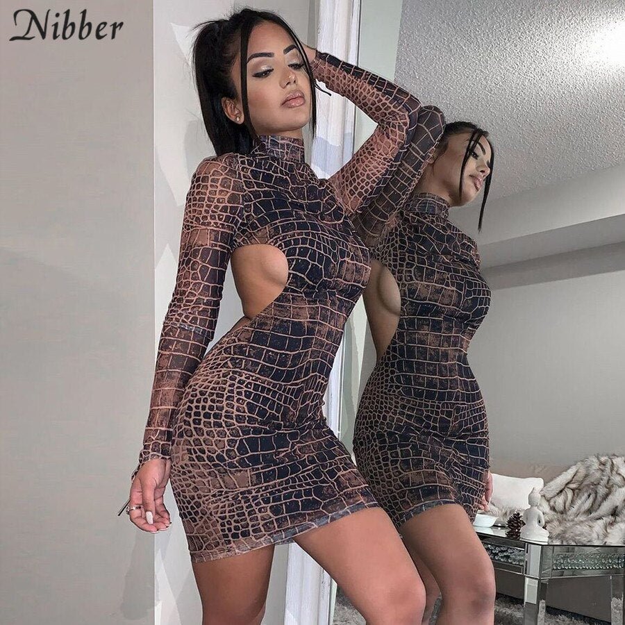 Nibber Vintage Snake Pattern Sheath Dress Sexy Backless Club  Package Hip Mini Dress Autumn Casual Stretch Streetwear Female