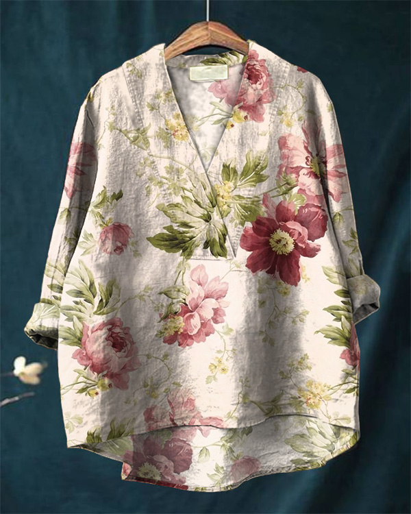 Women's Vintage Floral Art Print Loose V-Neck Cotton And Linen Shirt