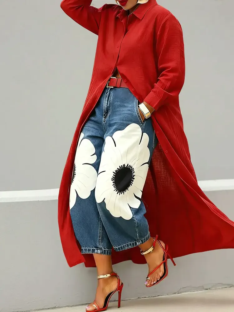 Women's Abstract Art Print Casual Loose Wide-leg Denim Pants