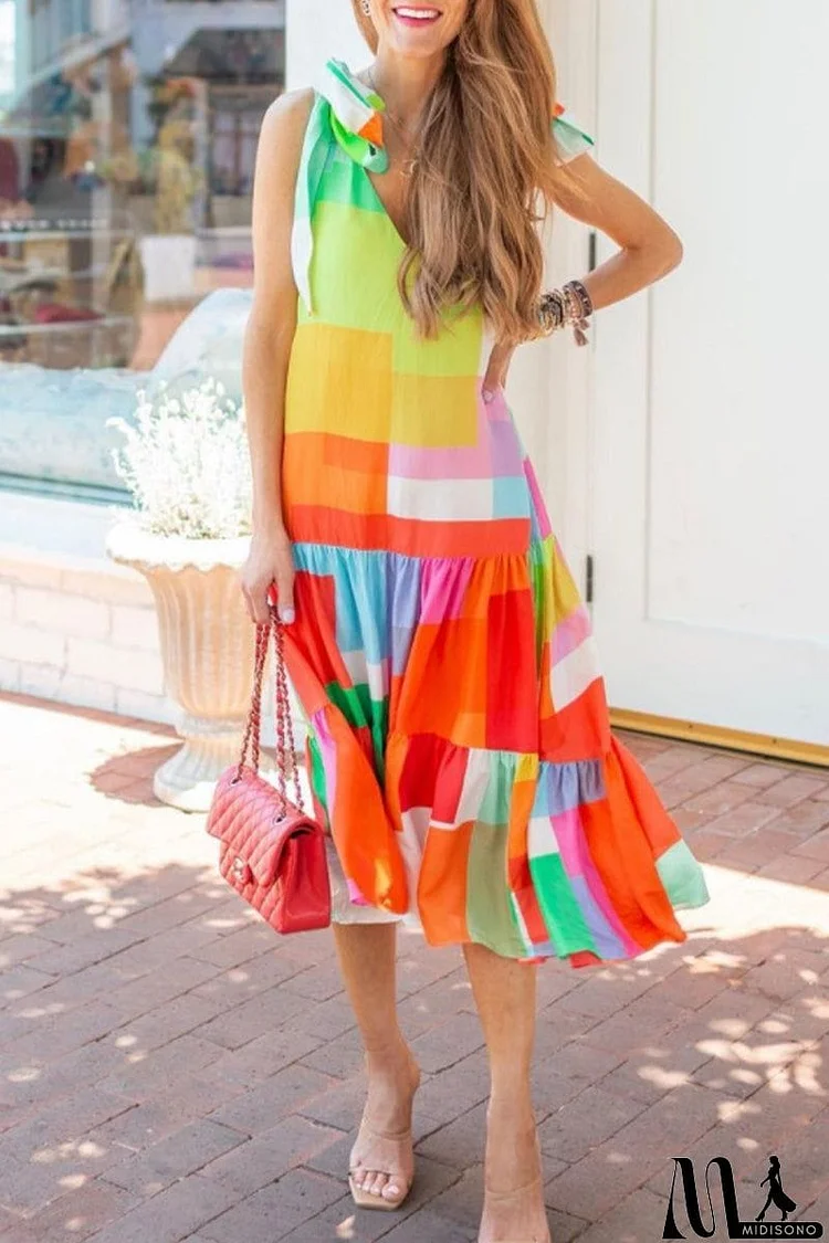 Sweet Bohemian Color Block Patchwork Frenulum V Neck Dresses