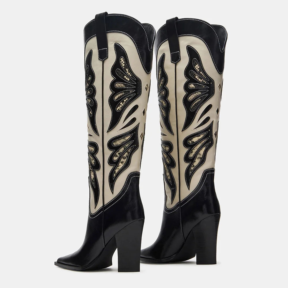 Black & Ivory Butterfly Inlay High Heel Cowboy Boots for Women