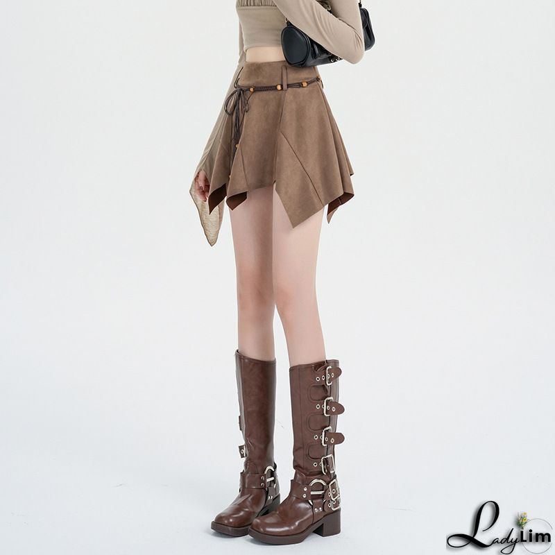 Vintage Plain High Waist Diagonal Hem Tassel Midi Skirt