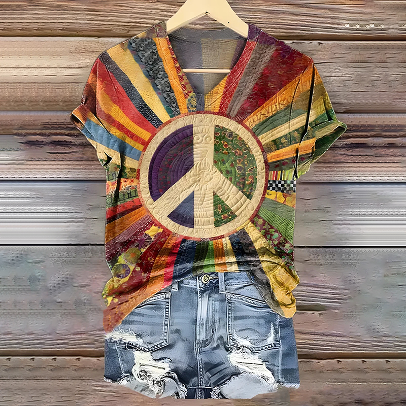 Comstylish Women's Hippie Rainbow Peace Tie-dye Pattern Casual T-shirt