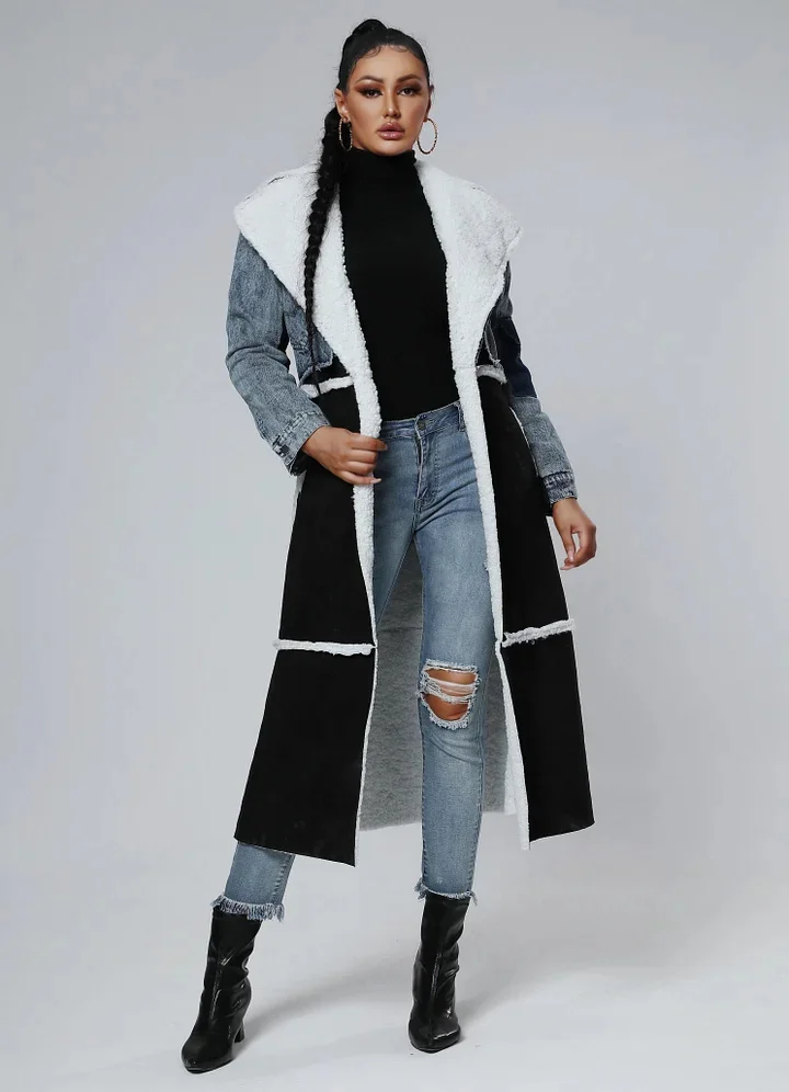 Stitching Fur & Denim Coat Long Outerwear