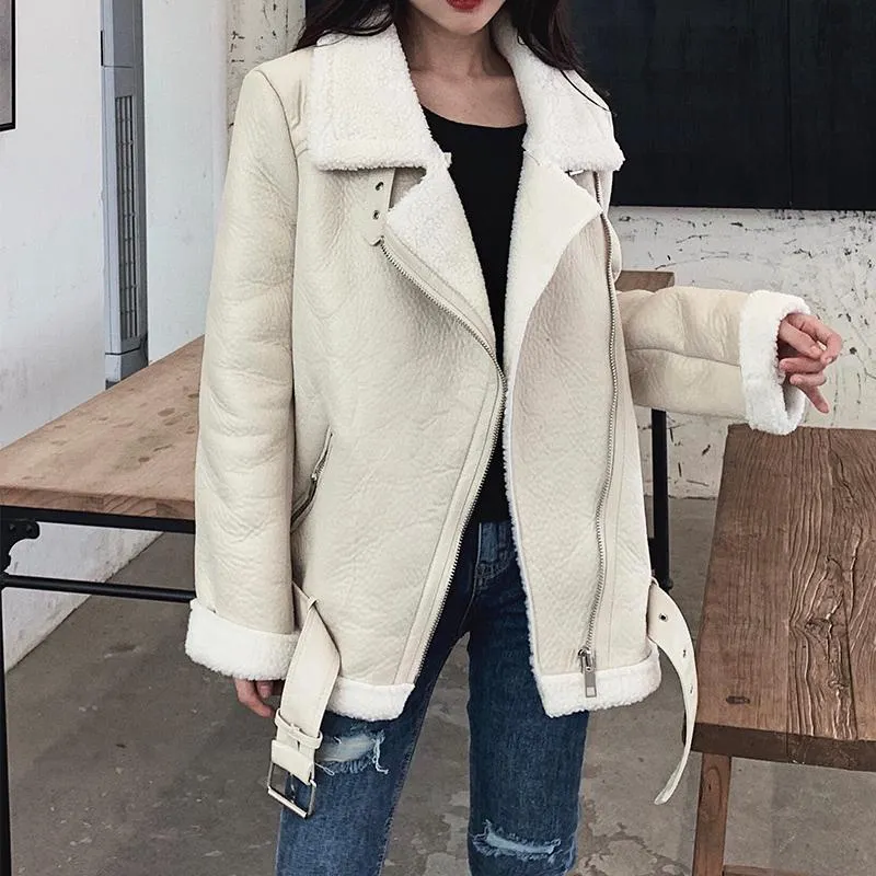 Ailegogo New Women Lamb Fur Faux Leather Jacket Coat Turn Down Collar Winter Thick Warm Oversized Zipper With Belt Outerwear
