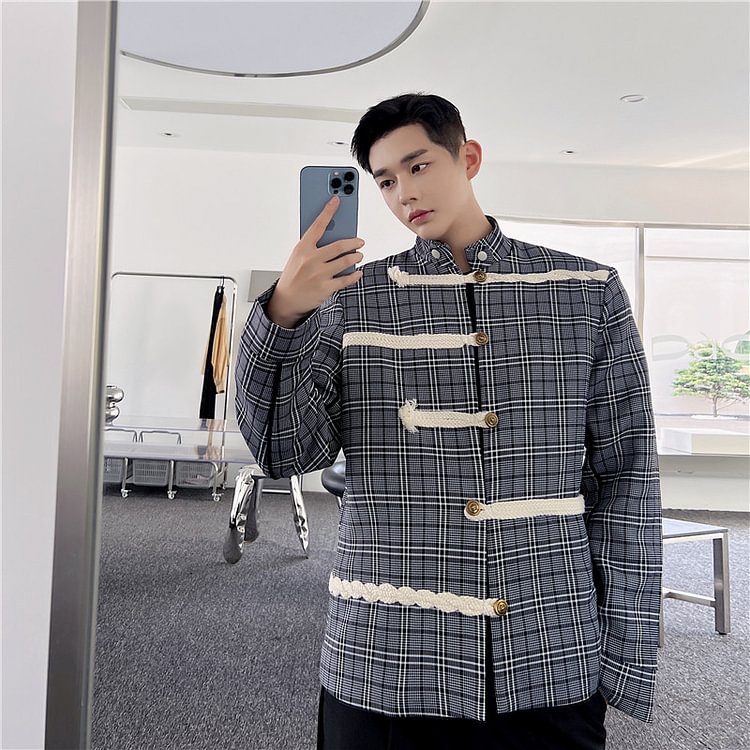 Dawfashion-Standing Collar Cotton Rope Decoration Grid Loose Casual Jacket-Yamamoto Diablo Clothing