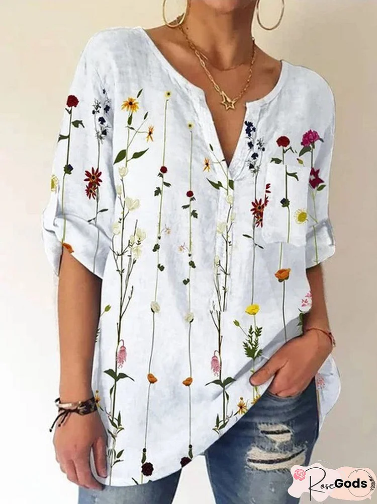 Pockets Casual Floral V Neck Blouse