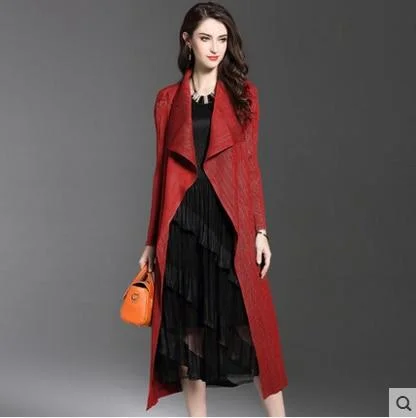 Women Fashion Pleated Long Windbreaker Turn Down Collar Open Cardigan Black Green Gray Red Khaki  Female Clothing Coat Shawl