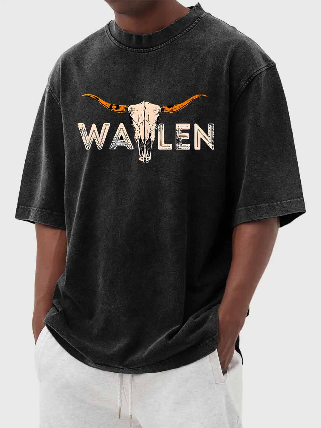 Men's Retro Washed Western Print Round Neck T-Shirt