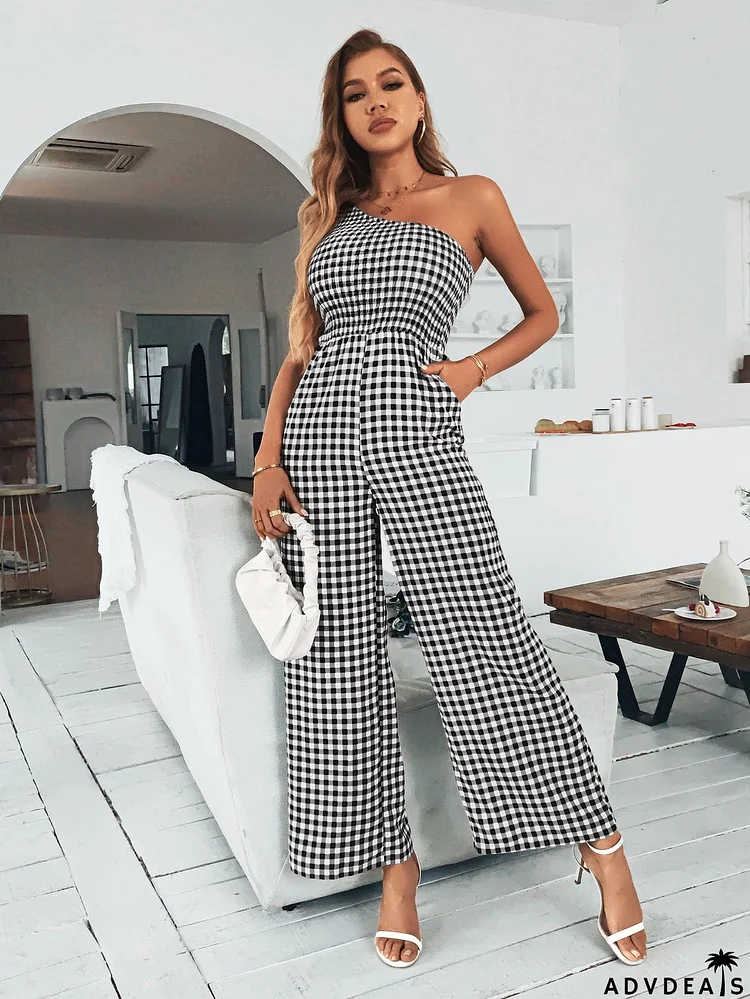 Plaid One-Shoulder Wide Leg Jumpsuit with Pockets