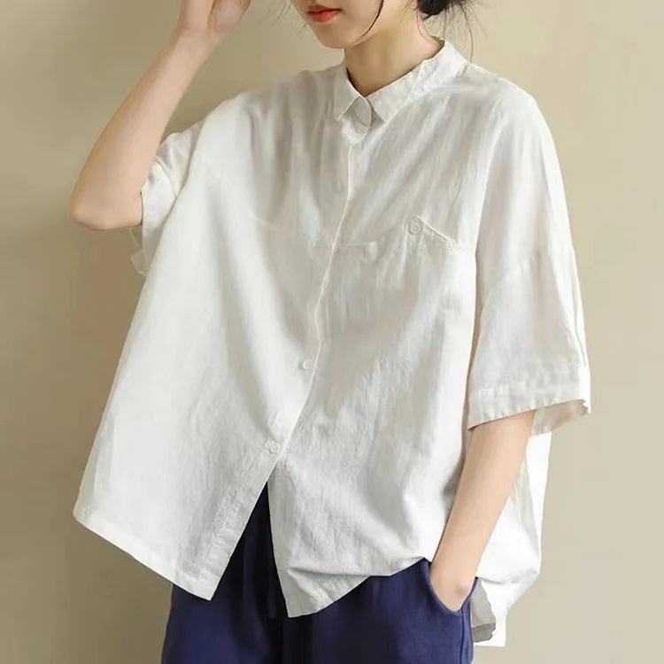 Simple Cotton Linen Short Sleeve Shirt - yankia