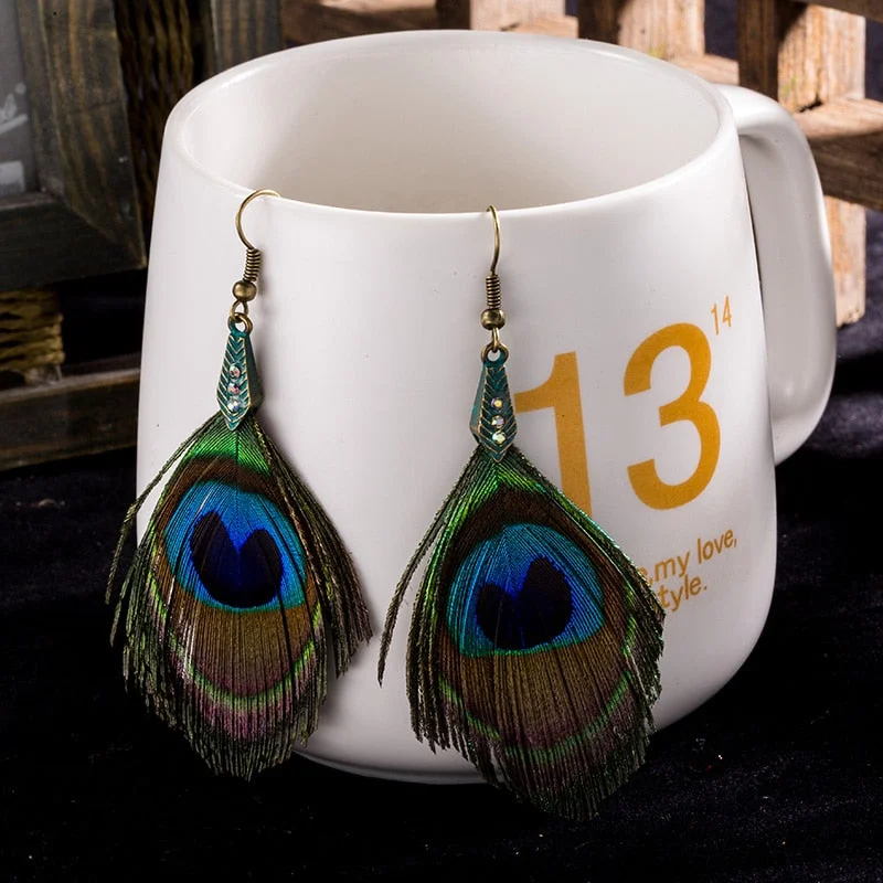 pendientes bijoux boucle d'oreille femme 2017 fashion natural peacock feather handmade boho indian ethnic earrings drop green