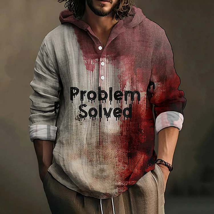 Comstylish Vintage Bloody Problem Solved Halloween Art Linen Blend Hooded Shirt