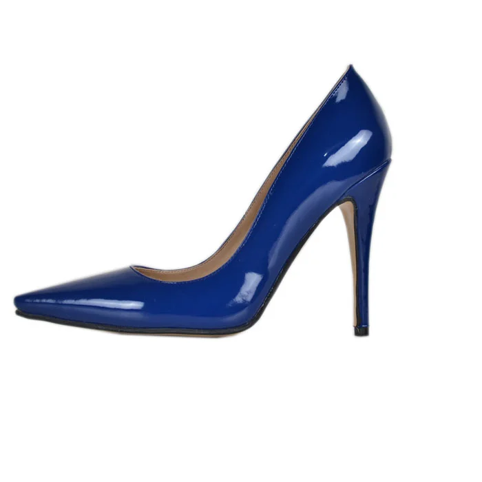 Cobalt Blue Patent Leather Pointy Toe Pumps with Low Office Heels Vdcoo