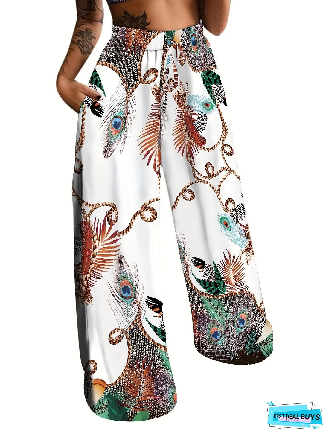 Peacock Print Wide Leg Pants, Retro Drawstring Long Length Palazzo Pants, Women's Clothing