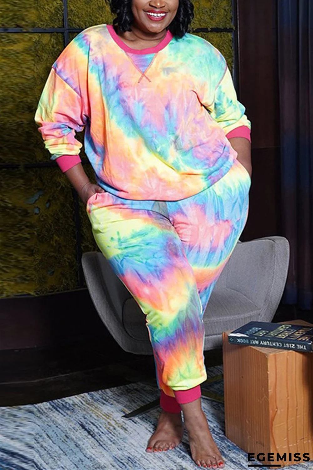 colour Fashion Casual Print Basic O Neck Plus Size Set | EGEMISS