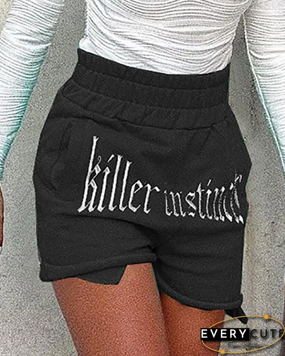 Letter Embroidery Shirred High Waist Casual Shorts