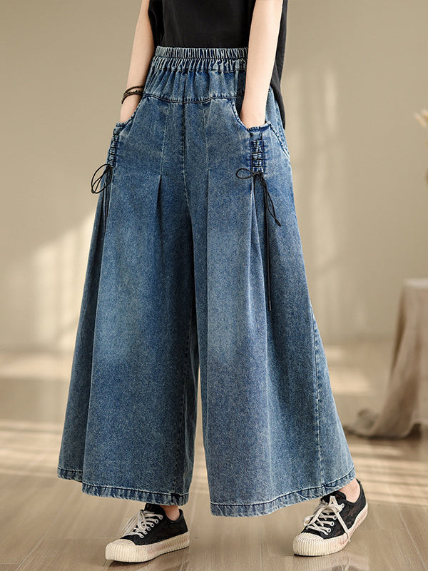 Women's Plus Size Denim Wide Leg Pants Elastic Waist Pants