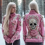 Skull & 3d Floral Knit Art Women's Stand Collar Sweater - Image 2