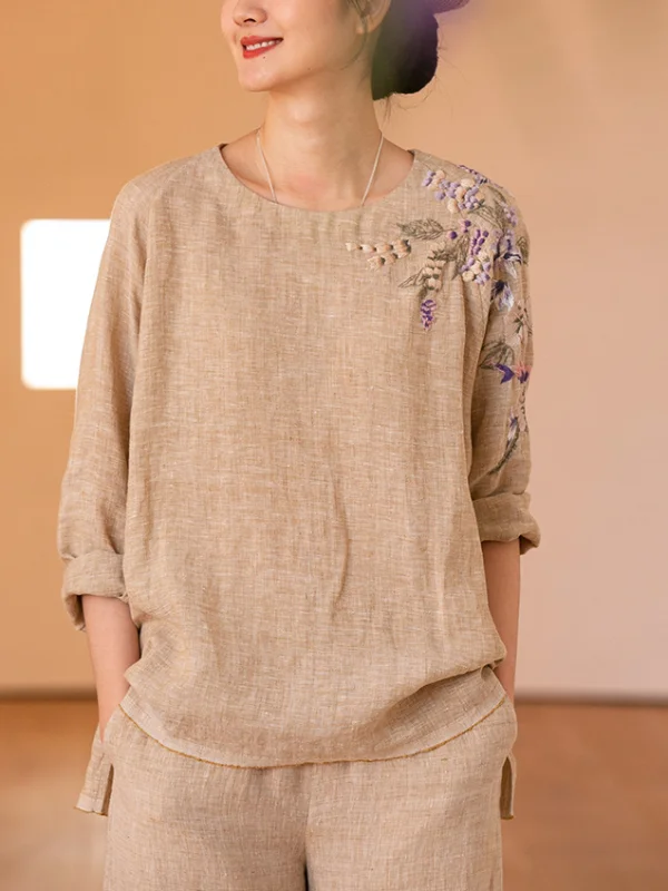 Embroidered Linen Pullover Yarn-Dyed Wide-Leg Suits