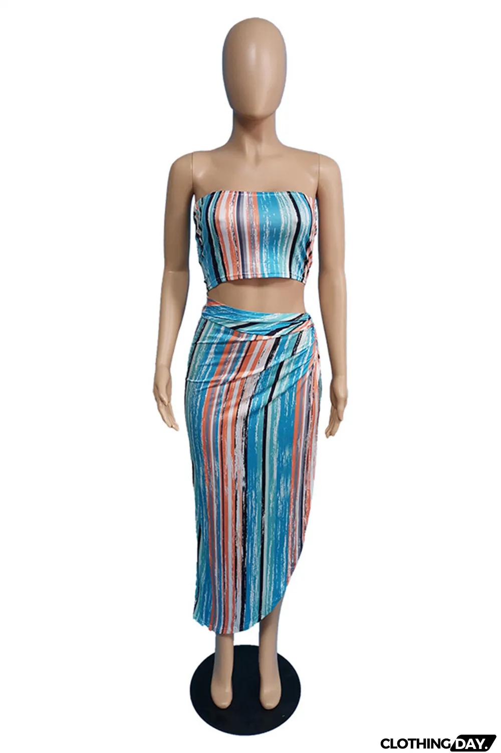 Multicolor Fashion Sexy Striped Print Backless Strapless Sleeveless Two Pieces
