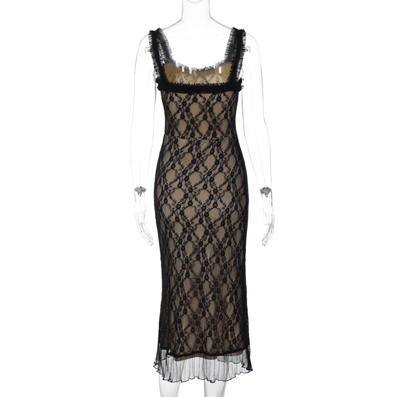 Ootddress Printed Lace Backless Long Dress Female Spaghetti Ruffled Patchwork Slim See-Through Party Dress Lace-Up Maxi Dress Women