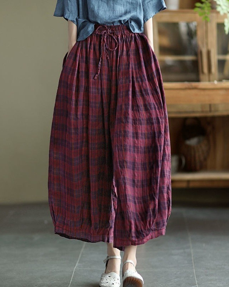 Plaid Pattern Drawstring Waistband Loose Wide Leg Pants