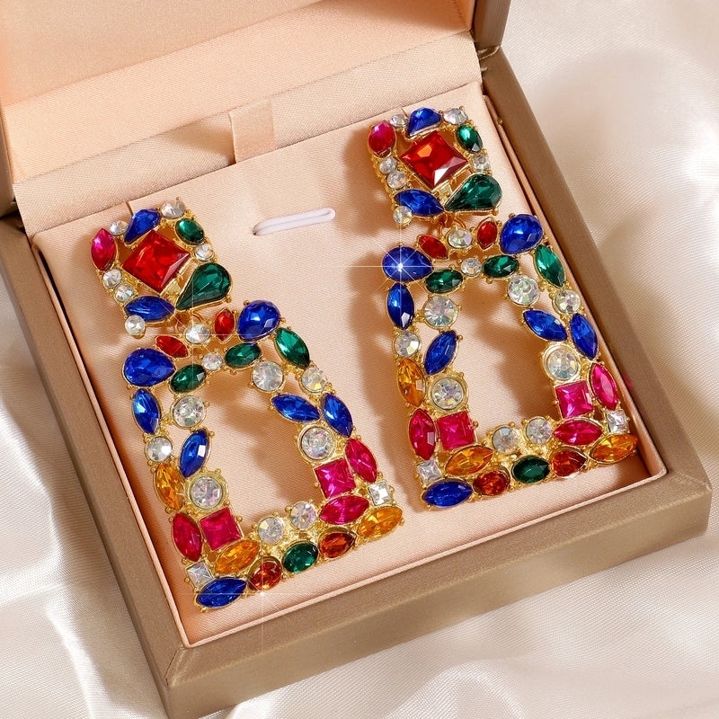 1 Pair Exaggerated Commute Shiny Rectangle Hollow Out Inlay Alloy Acrylic Rhinestones 18K Gold Plated Drop Earrings