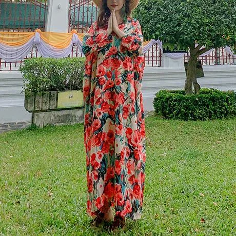 French red print dresses v neck baggy Dress
