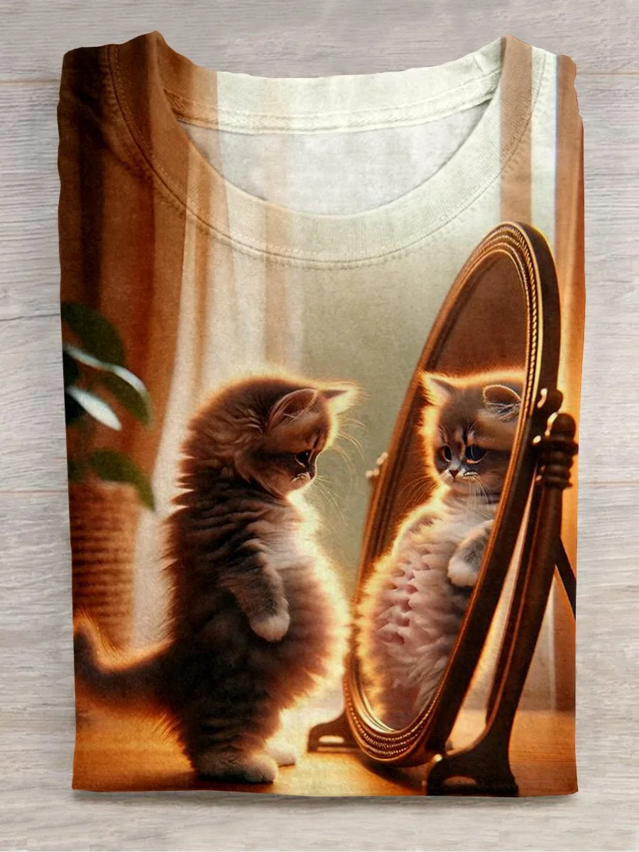 Cute Cat Looking In Mirror Casual Print T-shirt Eagerlys