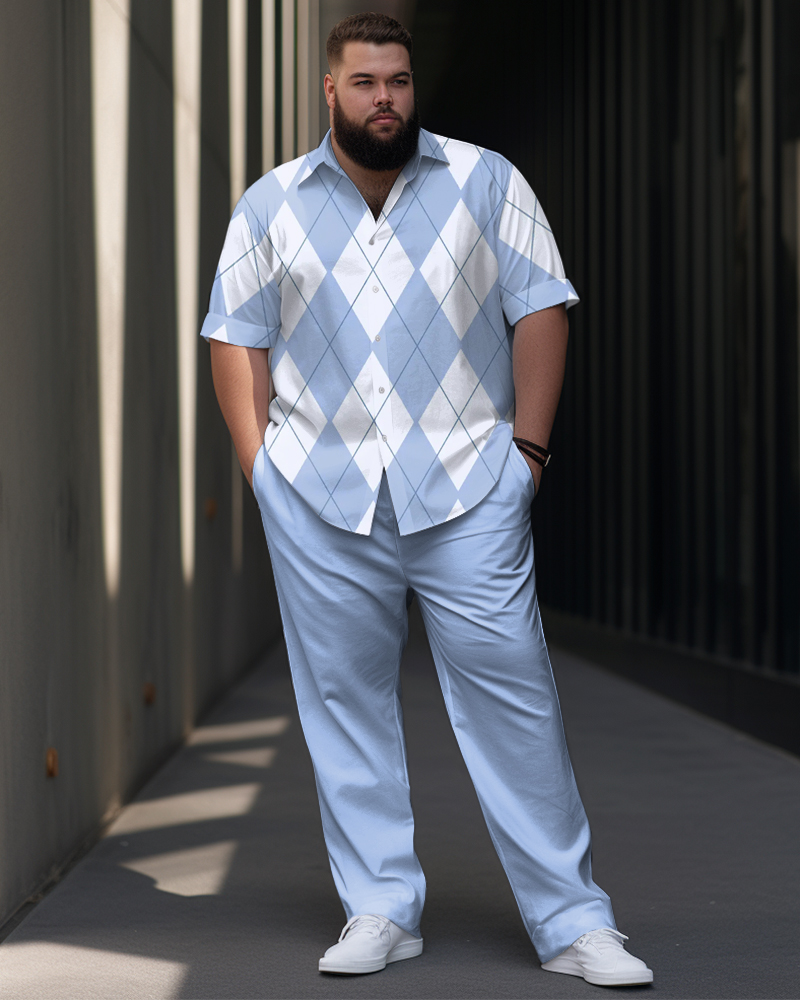 Men's Big and Tall Business Simple Classic Diamond Check Short Sleeve Shirt Trousers Set