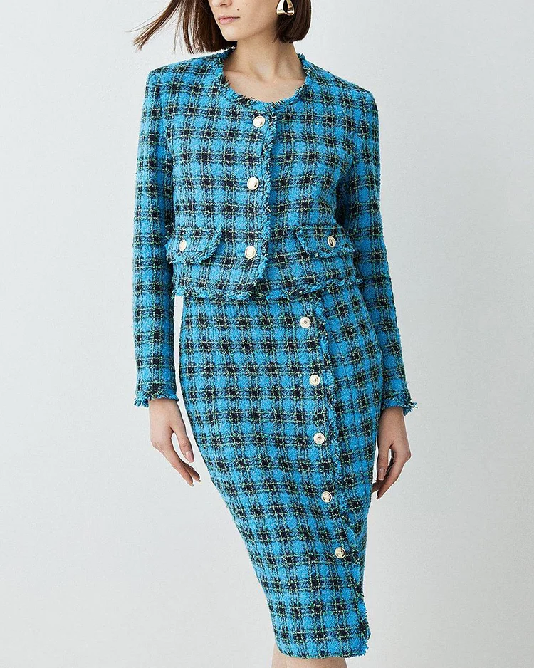Plaid Tweed Jacket And Skirt Two-Piece Set