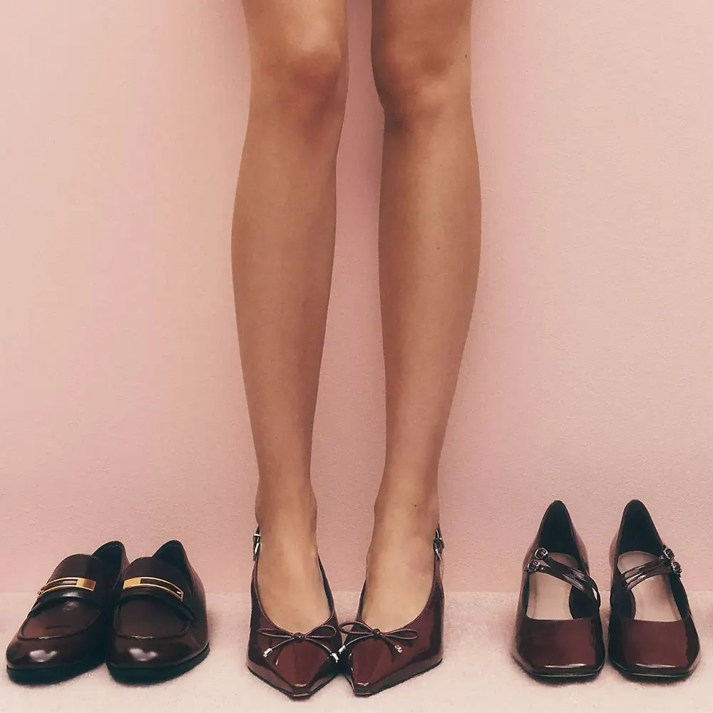Maroon Patent leather Pointed Toe Slingback Cute Bow Pumps Shoes