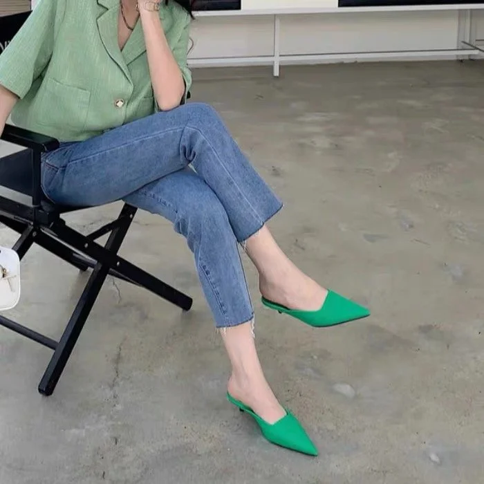 Churchf Churchf Half Slippers Female Summer New Style 2023 Thin Heel Pointed Lazy People Wear Low Heel Set Foot Muller Shoes Cool Drag Female