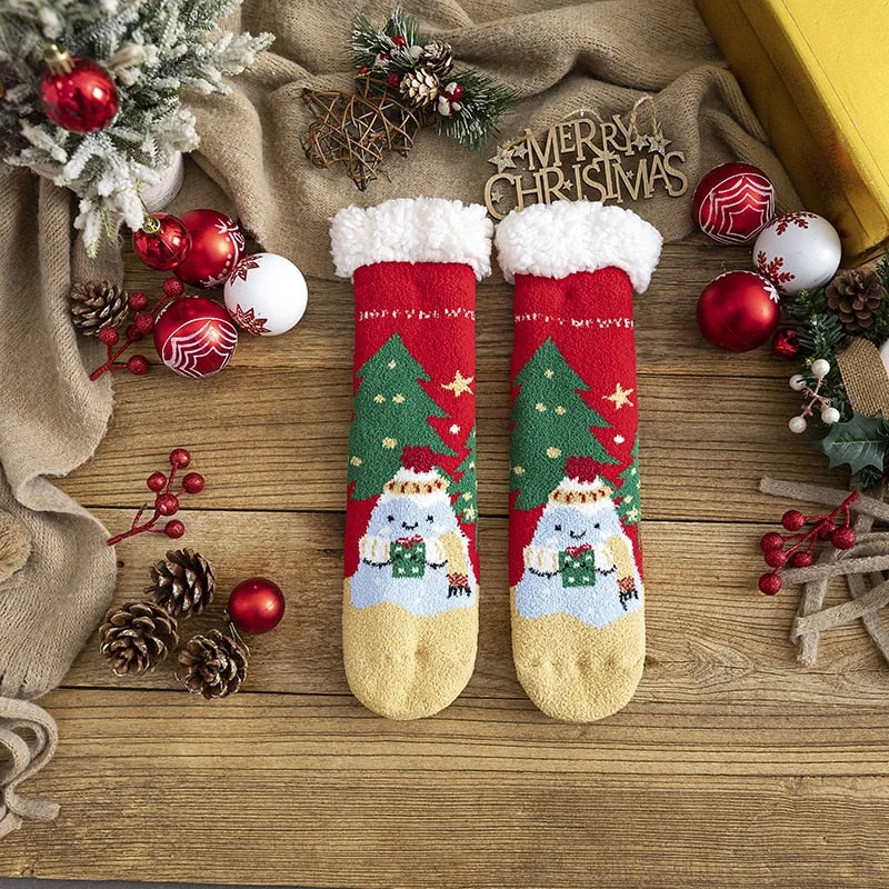 Christmas Gift Floor Socks Women Winter Warm Socks Santa Thick Plush Anti-slip Silicone Female Sleeping Home Sox Harajuku Style