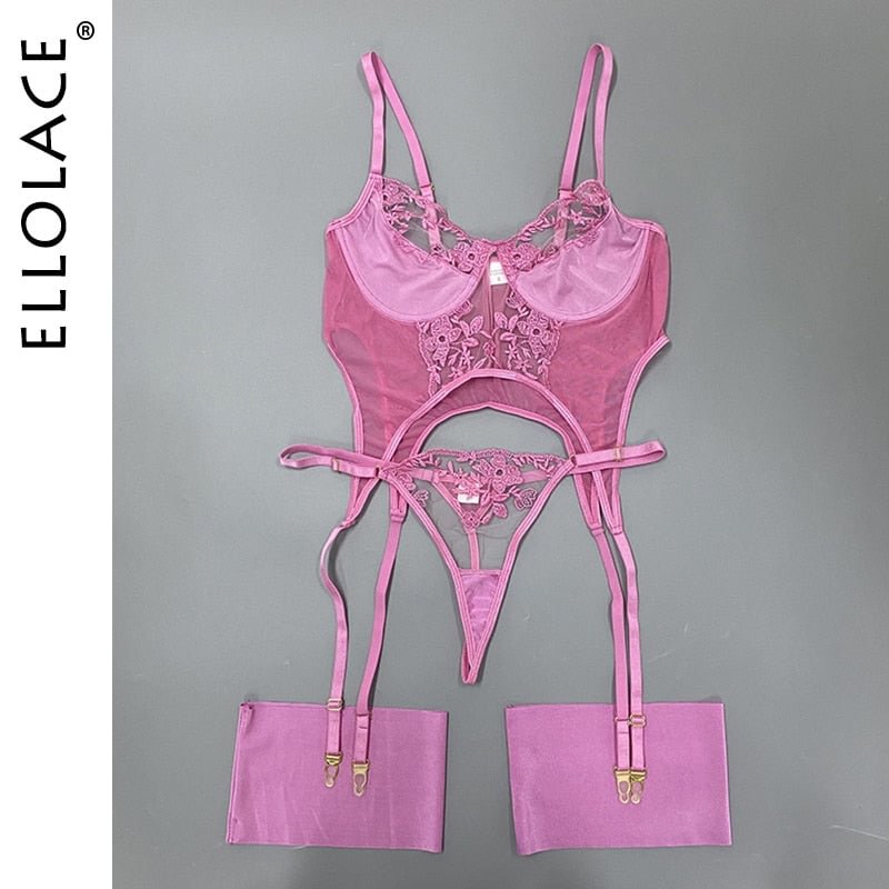 Ellolace Luxury Lingerie Sexy Lace Delicate Underwear 3-Piece Sets Push Up Erotic Bilizna See Through Fancy Embroidery Outfit