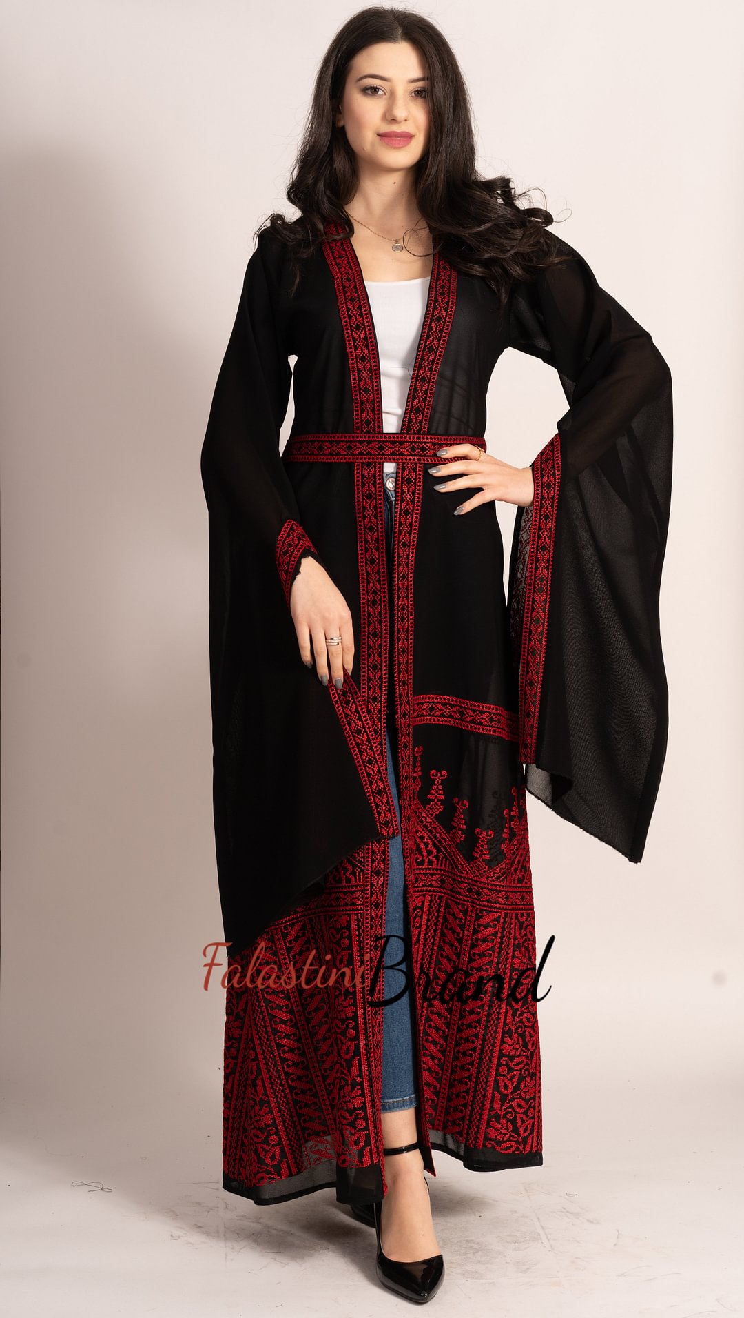 Wonderful Palestinian Black Red  Georgette Embroidered 