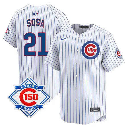 Men's Chicago Cubs #21 Sammy Sosa White Nike Home Vapor Limited 150th Anniversary Authentic Lettering Jersey