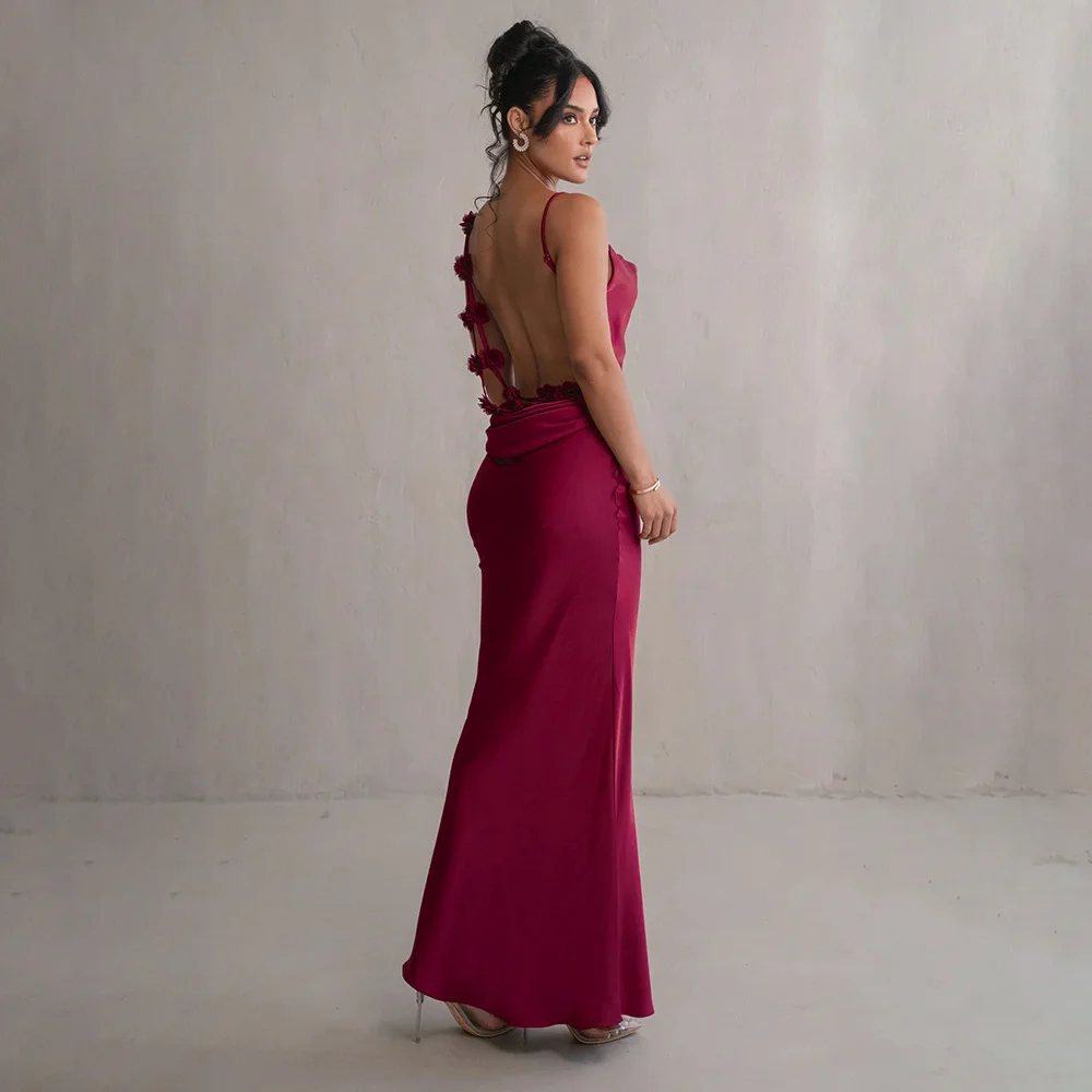 Uveng Uveng Summer Satin Temperament Condole Back Sexy Slim Evening Dress Woman