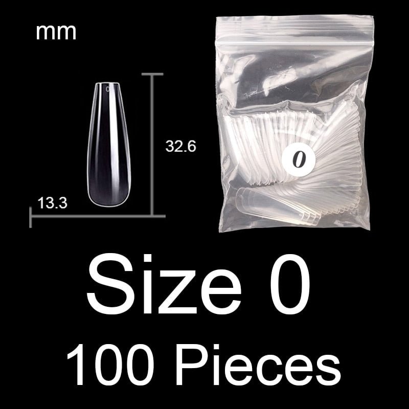 100 Pieces Full Cover Coffin Nails Single Size Ballet Shape Ballerina False Nail Tips Natural Transparent Size 0 ~ 9 Available